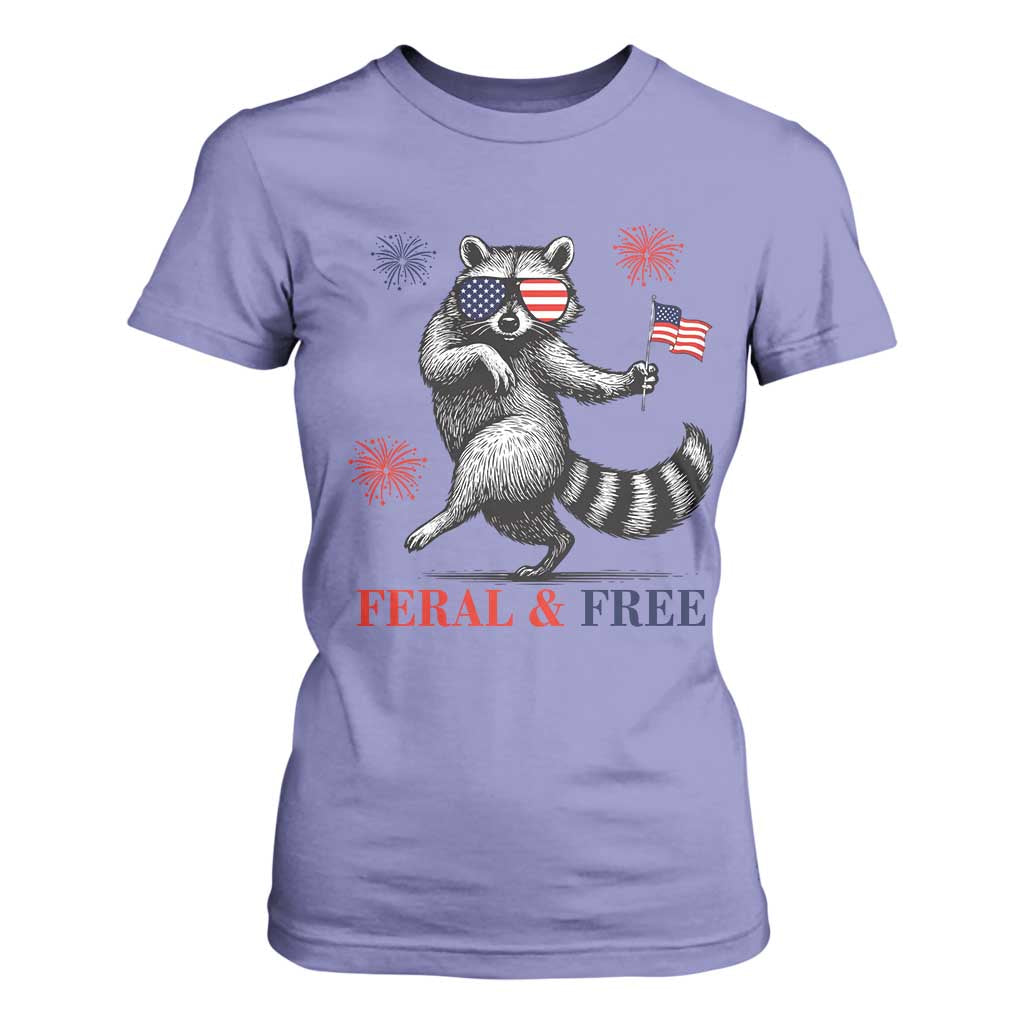 Feral and Free Dancing Raccoon T Shirt For Women Funny 4th July Patriotic Animal US Flag and Fireworks TS02 Violet Print Your Wear