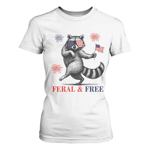 Feral and Free Dancing Raccoon T Shirt For Women Funny 4th July Patriotic Animal US Flag and Fireworks TS02 White Print Your Wear