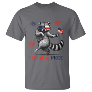 Feral and Free Dancing Raccoon T Shirt Funny 4th July Patriotic Animal US Flag and Fireworks TS02 Charcoal Print Your Wear