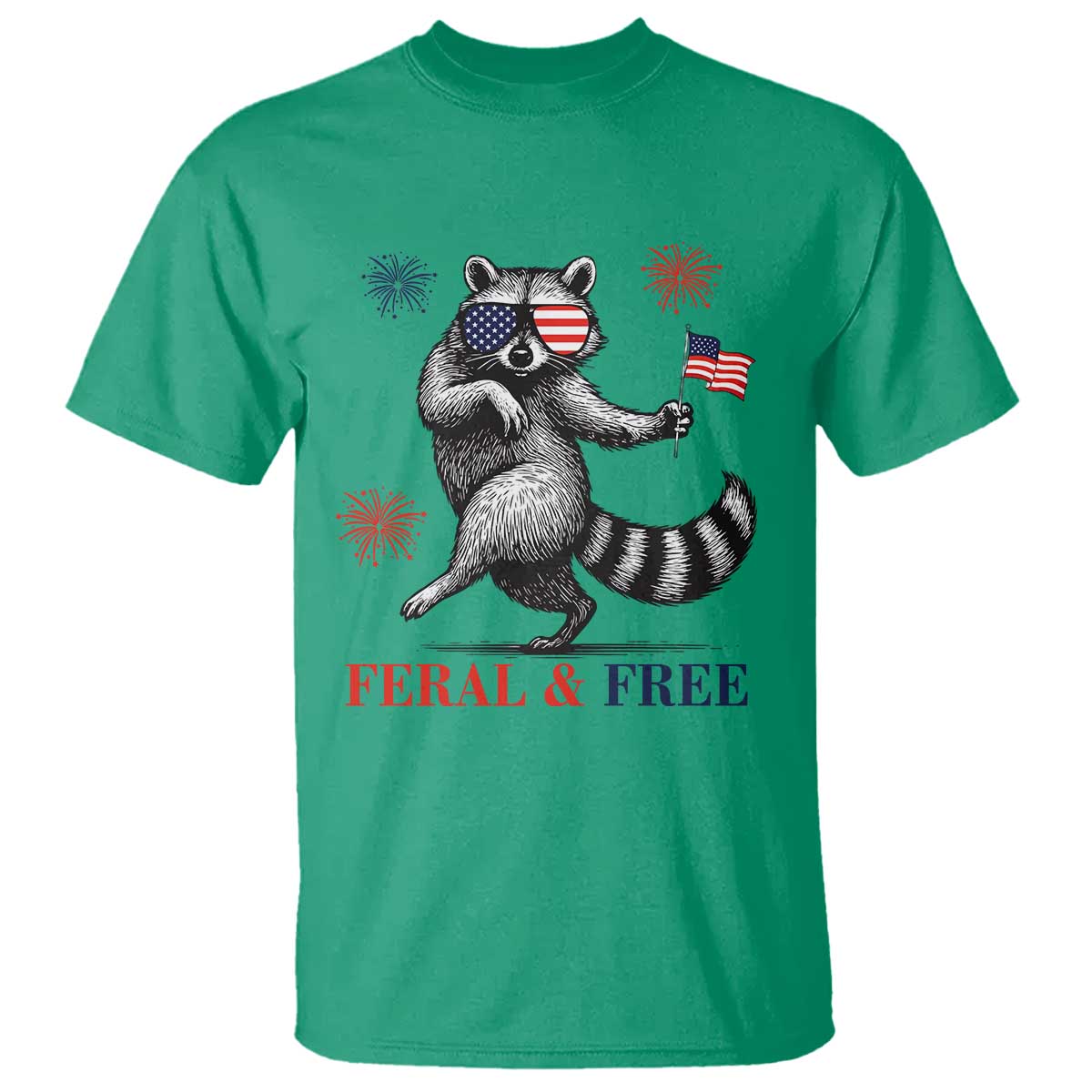 Feral and Free Dancing Raccoon T Shirt Funny 4th July Patriotic Animal US Flag and Fireworks TS02 Irish Green Print Your Wear