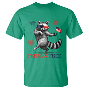 Feral and Free Dancing Raccoon T Shirt Funny 4th July Patriotic Animal US Flag and Fireworks TS02 Irish Green Print Your Wear