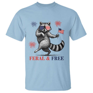 Feral and Free Dancing Raccoon T Shirt Funny 4th July Patriotic Animal US Flag and Fireworks TS02 Light Blue Print Your Wear