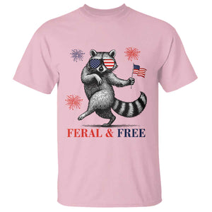 Feral and Free Dancing Raccoon T Shirt Funny 4th July Patriotic Animal US Flag and Fireworks TS02 Light Pink Print Your Wear