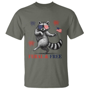 Feral and Free Dancing Raccoon T Shirt Funny 4th July Patriotic Animal US Flag and Fireworks TS02 Military Green Print Your Wear