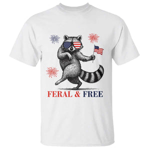 Feral and Free Dancing Raccoon T Shirt Funny 4th July Patriotic Animal US Flag and Fireworks TS02 White Print Your Wear
