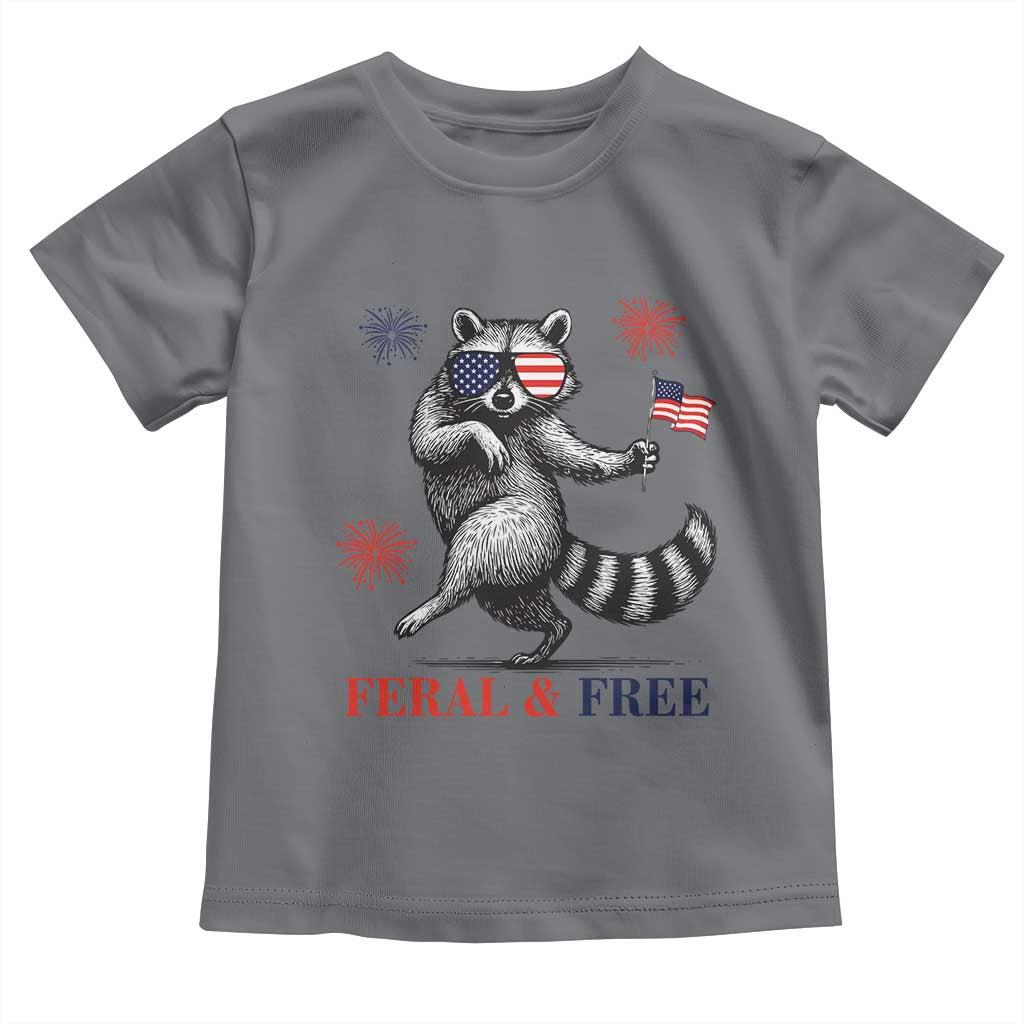 Feral and Free Dancing Raccoon Toddler T Shirt Funny 4th July Patriotic Animal US Flag and Fireworks TS02 Charcoal Print Your Wear