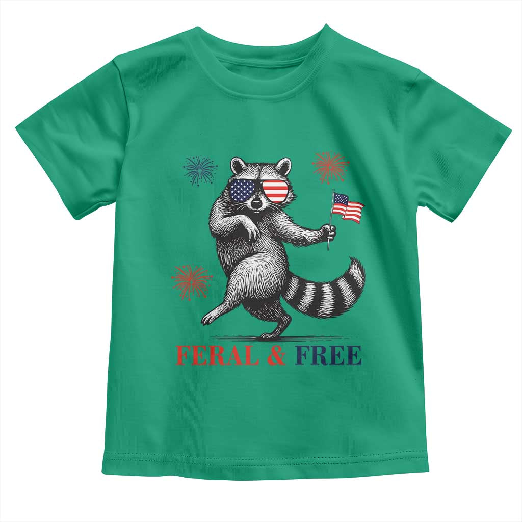 Feral and Free Dancing Raccoon Toddler T Shirt Funny 4th July Patriotic Animal US Flag and Fireworks TS02 Irish Green Print Your Wear