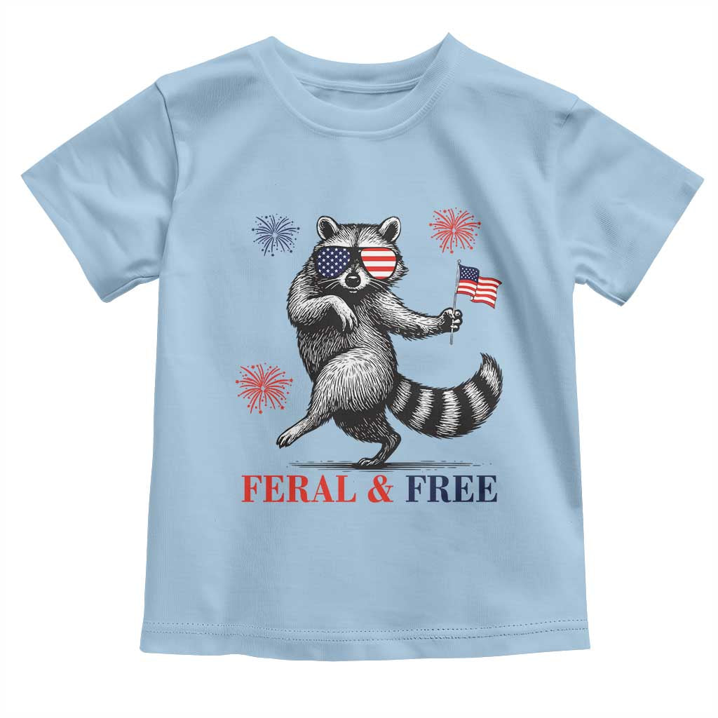 Feral and Free Dancing Raccoon Toddler T Shirt Funny 4th July Patriotic Animal US Flag and Fireworks TS02 Light Blue Print Your Wear