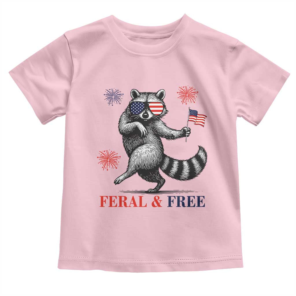 Feral and Free Dancing Raccoon Toddler T Shirt Funny 4th July Patriotic Animal US Flag and Fireworks TS02 Light Pink Print Your Wear
