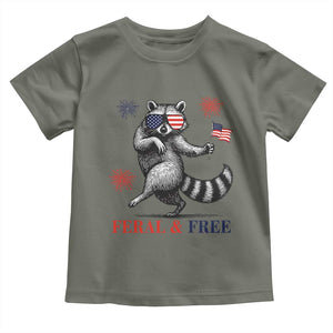 Feral and Free Dancing Raccoon Toddler T Shirt Funny 4th July Patriotic Animal US Flag and Fireworks TS02 Military Green Print Your Wear