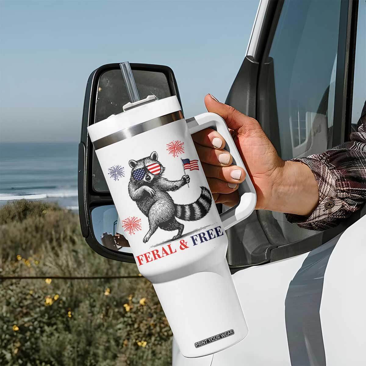 Feral and Free Dancing Raccoon Tumbler With Handle Funny 4th July Patriotic Animal US Flag and Fireworks TS02 Print Your Wear