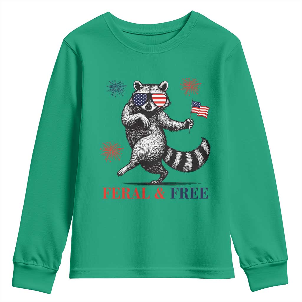 Feral and Free Dancing Raccoon Youth Sweatshirt Funny 4th July Patriotic Animal US Flag and Fireworks TS02 Irish Green Print Your Wear