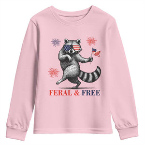 Feral and Free Dancing Raccoon Youth Sweatshirt Funny 4th July Patriotic Animal US Flag and Fireworks TS02 Light Pink Print Your Wear