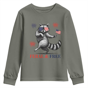 Feral and Free Dancing Raccoon Youth Sweatshirt Funny 4th July Patriotic Animal US Flag and Fireworks TS02 Military Green Print Your Wear