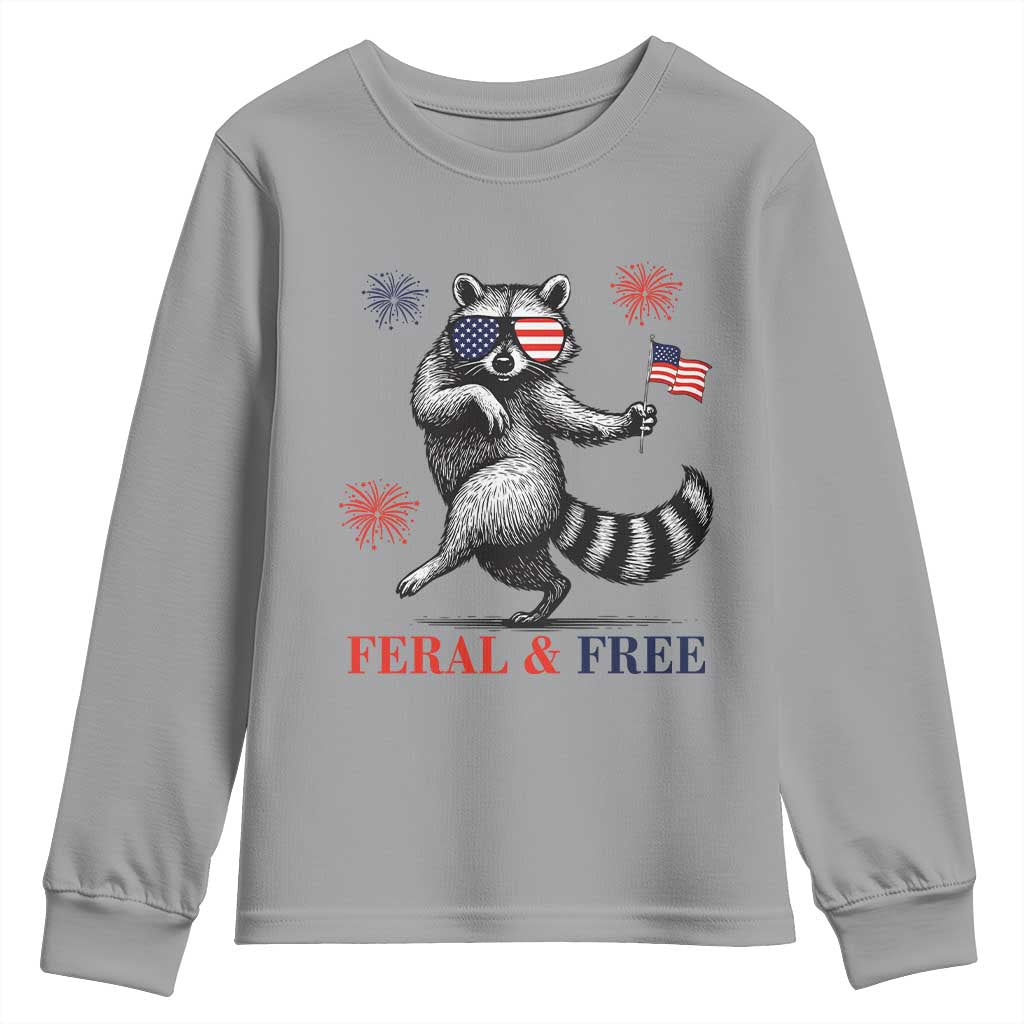 Feral and Free Dancing Raccoon Youth Sweatshirt Funny 4th July Patriotic Animal US Flag and Fireworks TS02 Sport Gray Print Your Wear