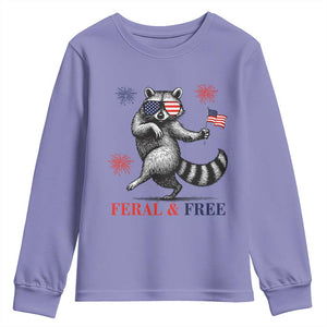 Feral and Free Dancing Raccoon Youth Sweatshirt Funny 4th July Patriotic Animal US Flag and Fireworks TS02 Violet Print Your Wear
