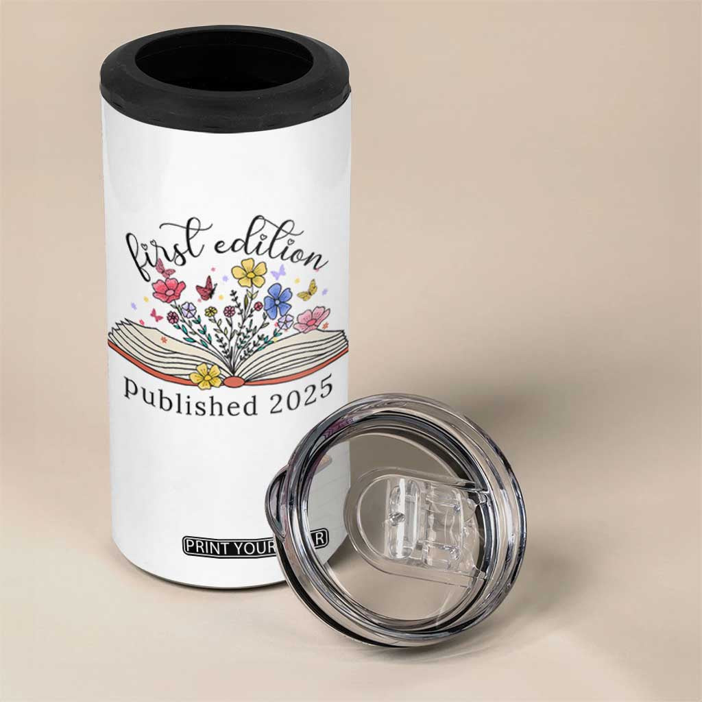 First Edition Published 2025 4 in 1 Can Cooler Tumbler Littlest Bookworm Funny Annoucement Baby Shower TS10 Print Your Wear