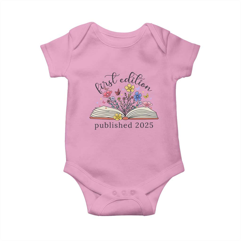 First Edition Published 2025 Baby Onesie Littlest Bookworm Funny Annoucement Baby Shower TS10 Light Pink Print Your Wear