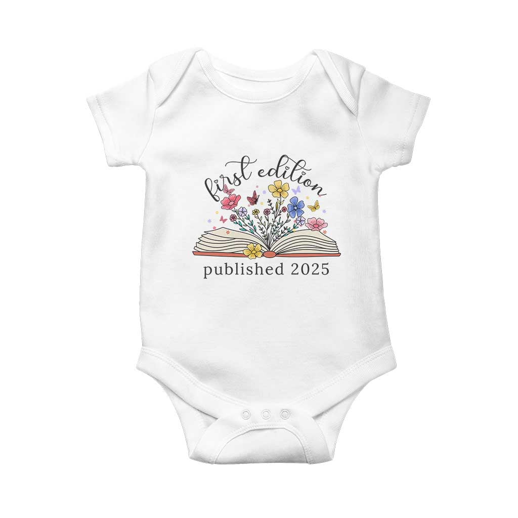 First Edition Published 2025 Baby Onesie Littlest Bookworm Funny Annoucement Baby Shower TS10 White Print Your Wear