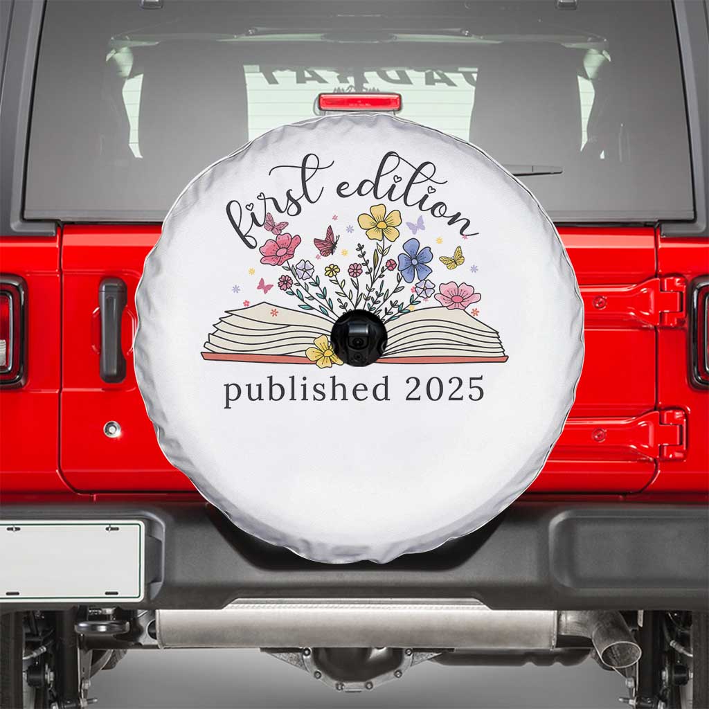 First Edition Published 2025 Spare Tire Cover Littlest Bookworm Funny Annoucement Baby Shower TS10 White Print Your Wear