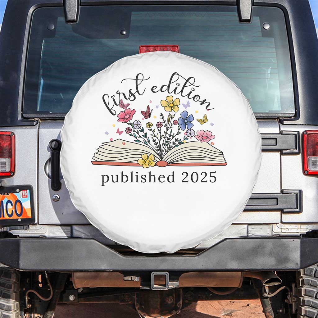 First Edition Published 2025 Spare Tire Cover Littlest Bookworm Funny Annoucement Baby Shower TS10 No hole White Print Your Wear