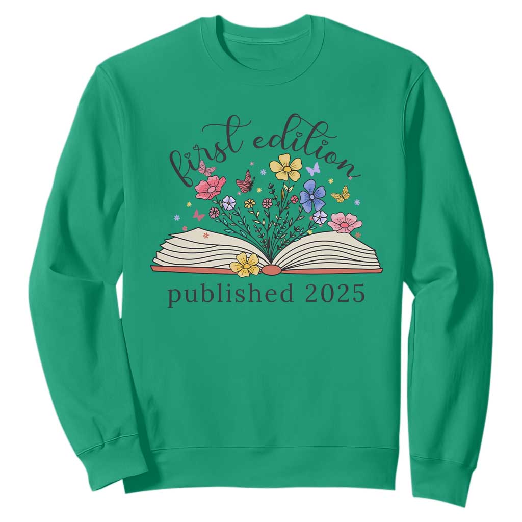 First Edition Published 2025 Sweatshirt Littlest Bookworm Funny Annoucement Baby Shower TS10 Irish Green Print Your Wear