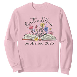 First Edition Published 2025 Sweatshirt Littlest Bookworm Funny Annoucement Baby Shower TS10 Light Pink Print Your Wear