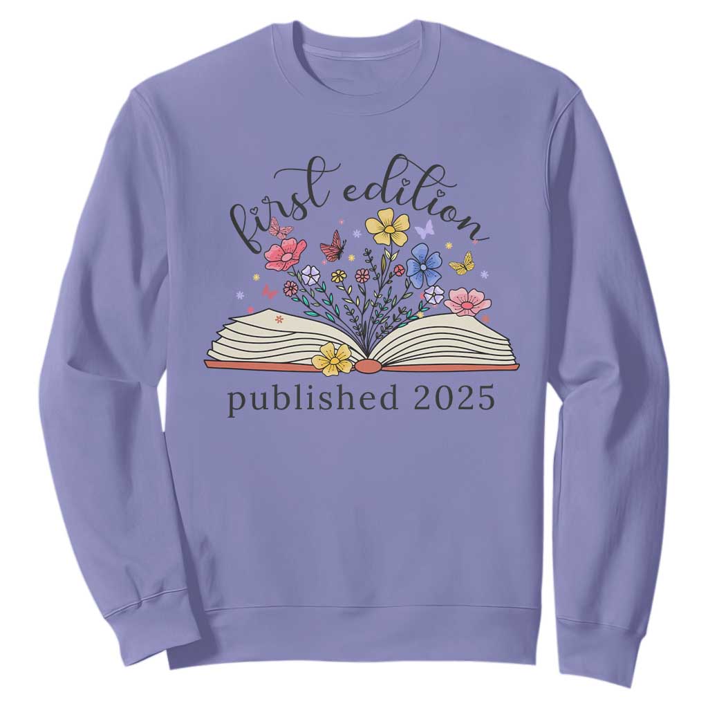 First Edition Published 2025 Sweatshirt Littlest Bookworm Funny Annoucement Baby Shower TS10 Violet Print Your Wear