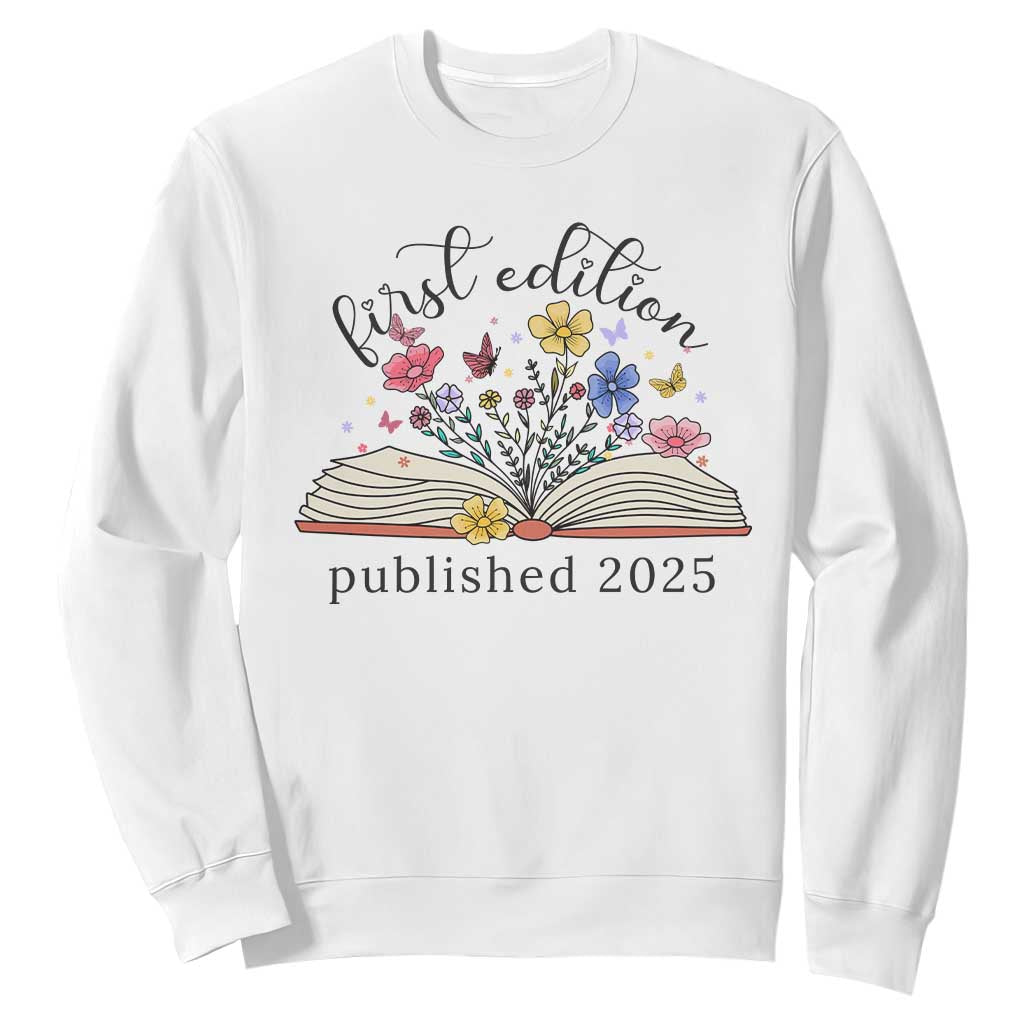 First Edition Published 2025 Sweatshirt Littlest Bookworm Funny Annoucement Baby Shower TS10 White Print Your Wear