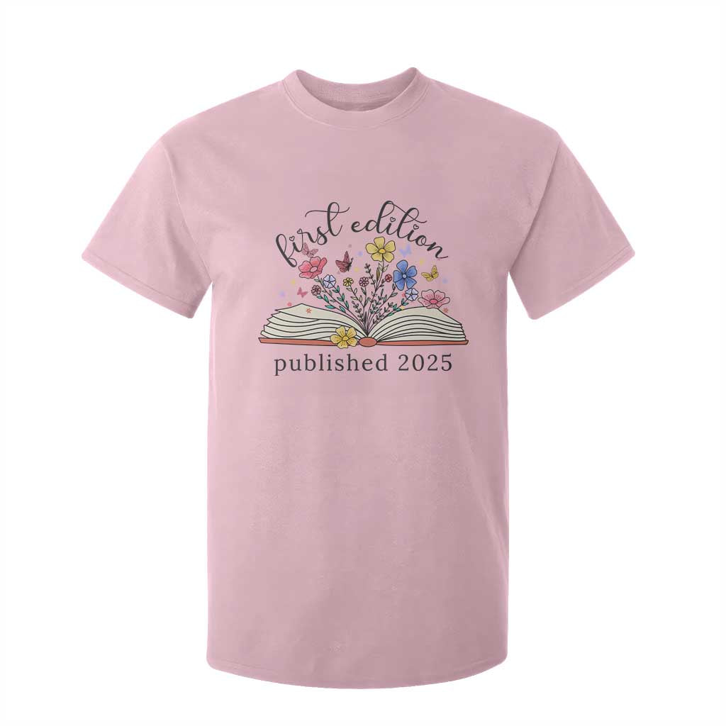 First Edition Published 2025 T Shirt For Kid Littlest Bookworm Funny Annoucement Baby Shower TS10 Light Pink Print Your Wear