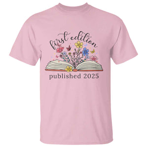 First Edition Published 2025 T Shirt Littlest Bookworm Funny Annoucement Baby Shower TS10 Light Pink Print Your Wear