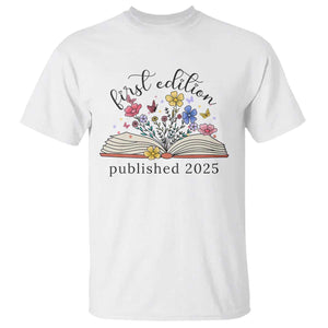 First Edition Published 2025 T Shirt Littlest Bookworm Funny Annoucement Baby Shower TS10 White Print Your Wear