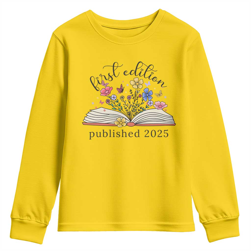 First Edition Published 2025 Youth Sweatshirt Littlest Bookworm Funny Annoucement Baby Shower TS10 Daisy Print Your Wear