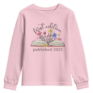 First Edition Published 2025 Youth Sweatshirt Littlest Bookworm Funny Annoucement Baby Shower TS10 Light Pink Print Your Wear