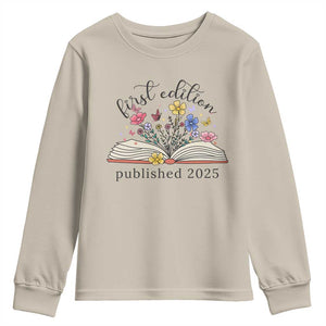 First Edition Published 2025 Youth Sweatshirt Littlest Bookworm Funny Annoucement Baby Shower TS10 Sand Print Your Wear