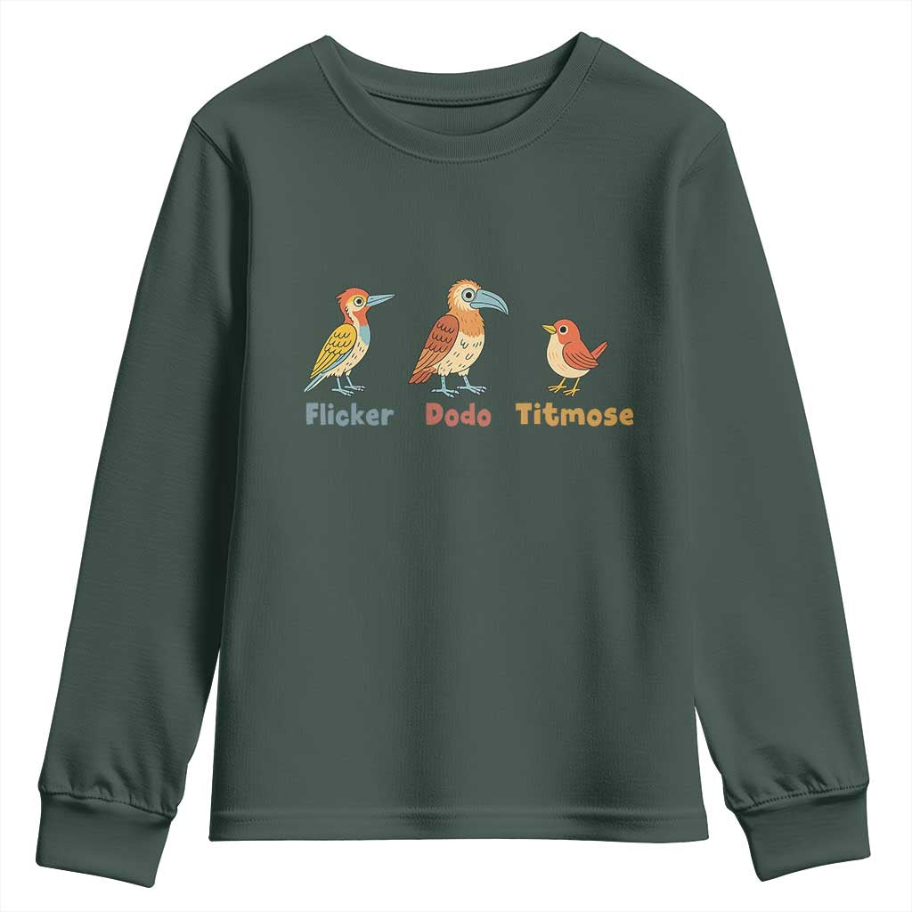 Flicker Dodo Titmouse Subtle FDT Youth Sweatshirt Funny Bird Lover Nature TS02 Dark Forest Green Print Your Wear