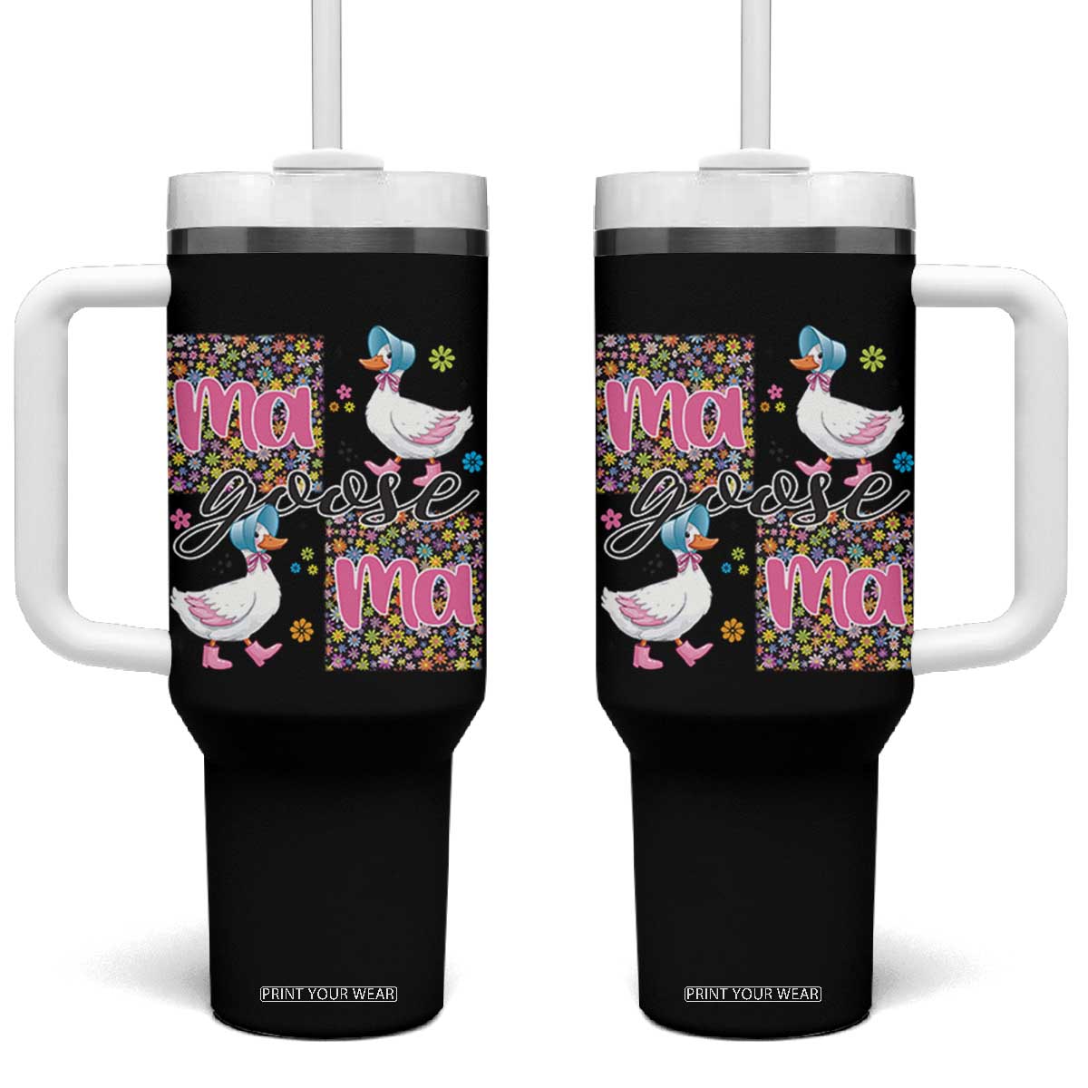 Floral Mama Goose Tumbler With Handle Coquette Vintage Aesthetic Geese Mom Mothers Day TS02 One Size: 40 oz Black Print Your Wear