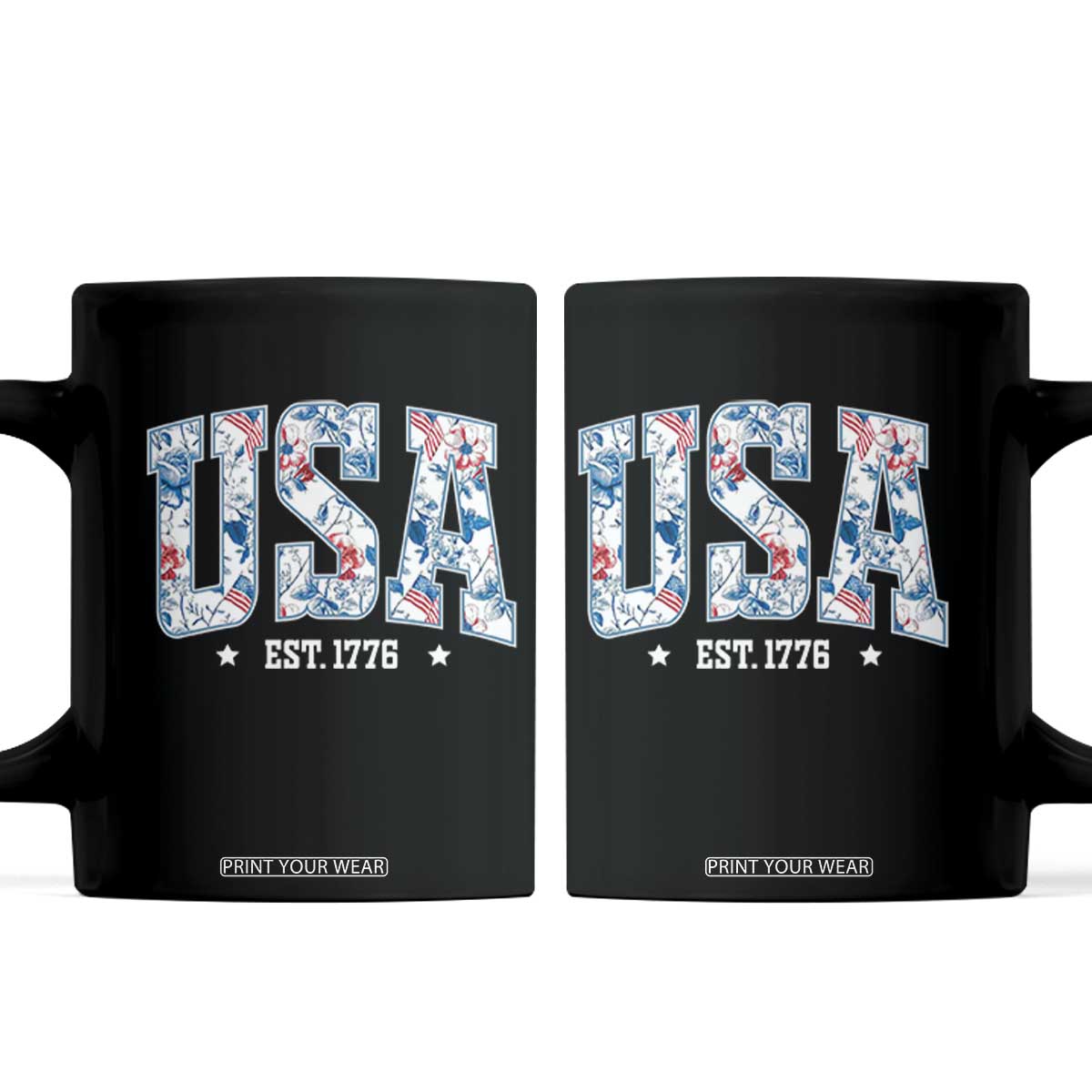 Floral USA Coffee Mug Est 1776 Patriotic American Girl 4th of July TS10 Black Print Your Wear