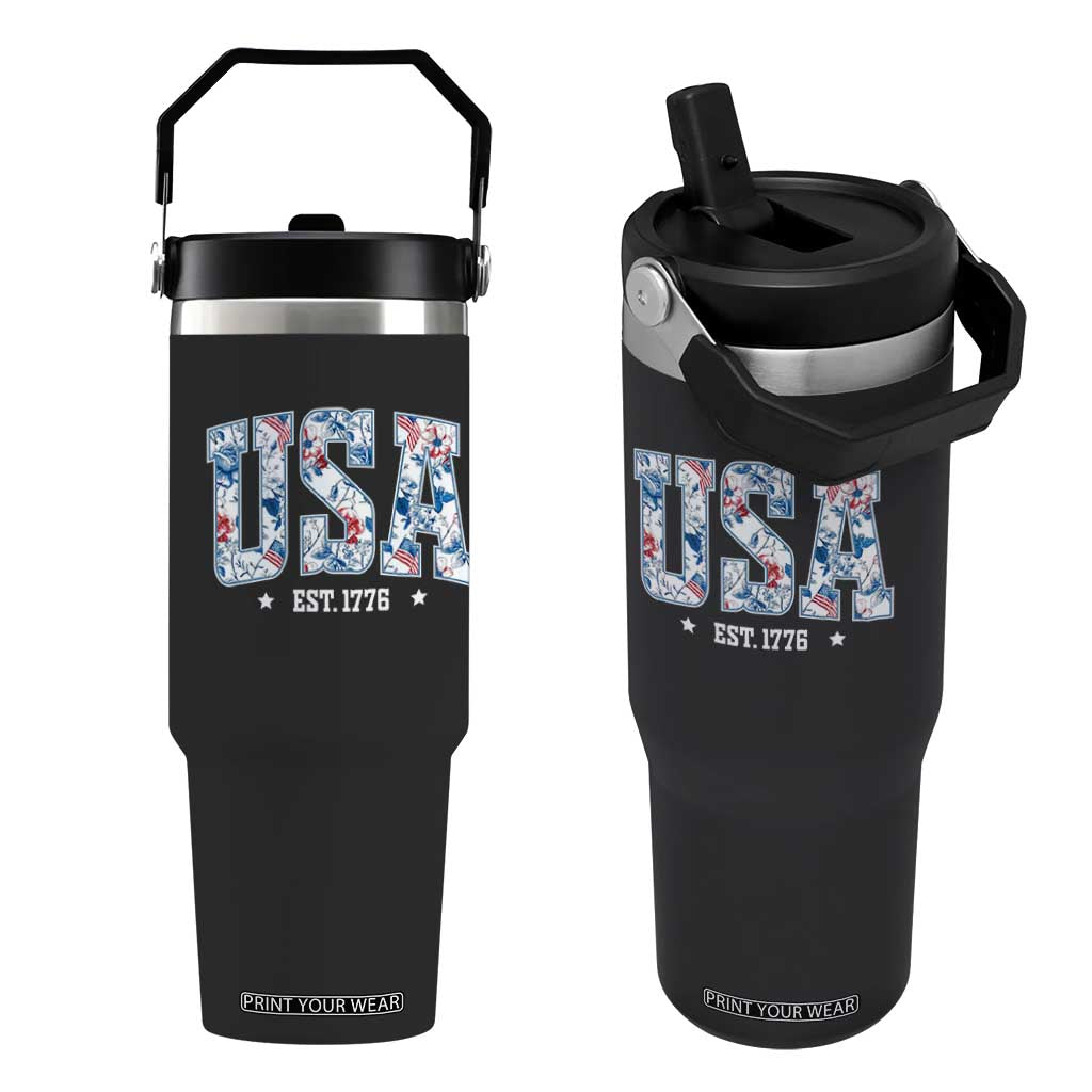 Floral USA Flip Straw Tumbler Est 1776 Patriotic American Girl 4th of July TS10 One Size: 30 oz Black Print Your Wear