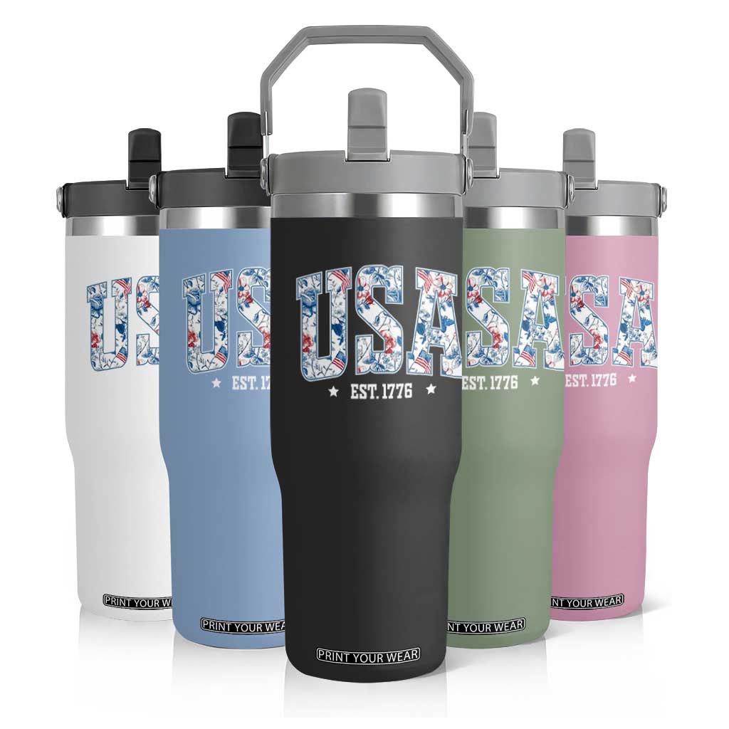 Floral USA Flip Straw Tumbler Est 1776 Patriotic American Girl 4th of July TS10 Print Your Wear