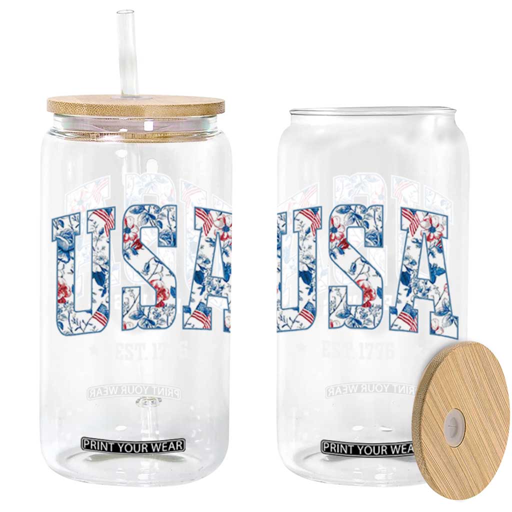 Floral USA Glass Can Est 1776 Patriotic American Girl 4th of July TS10 Black Print Your Wear