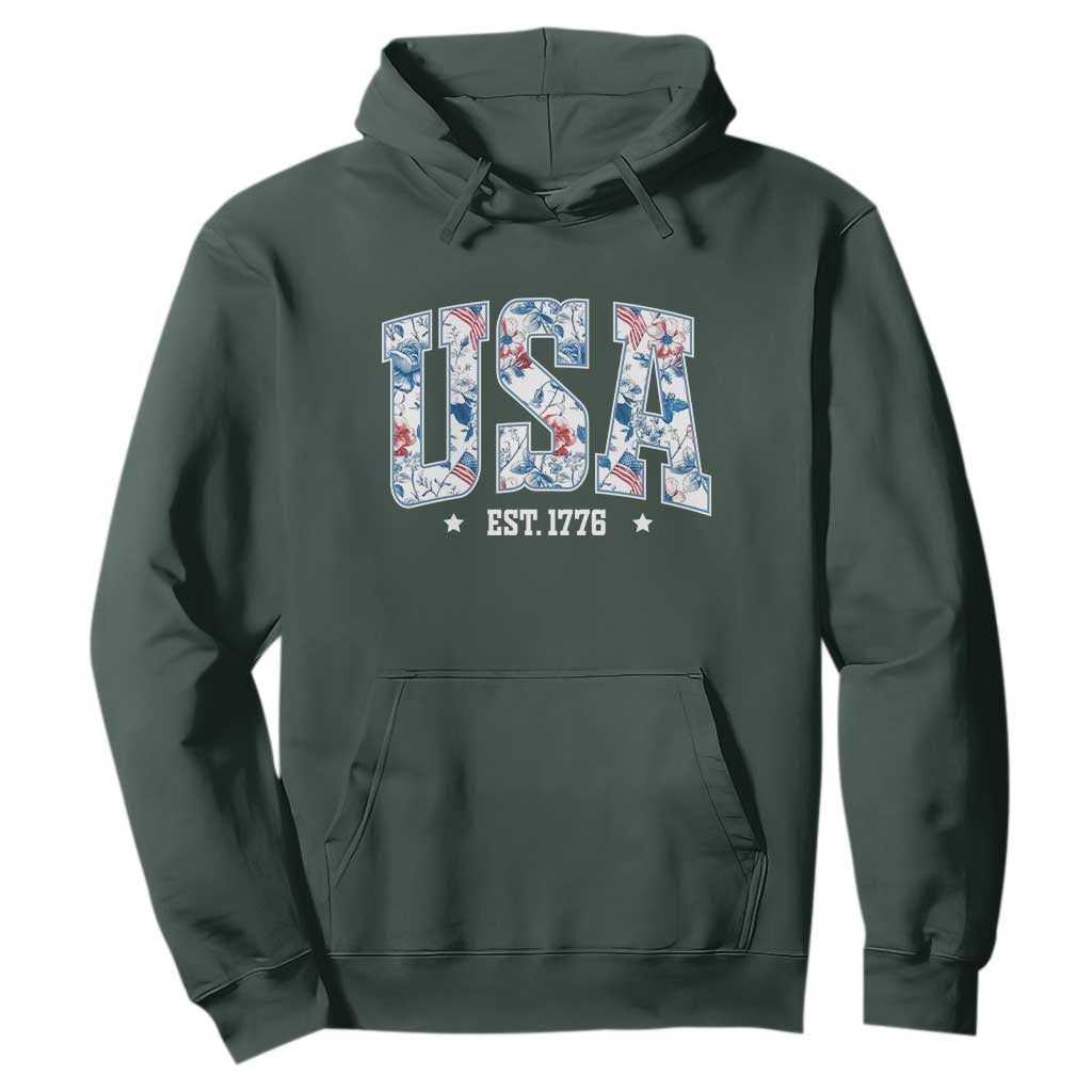Floral USA Hoodie Est 1776 Patriotic American Girl 4th of July TS10 Dark Forest Green Print Your Wear