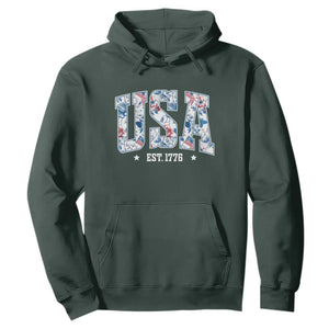 Floral USA Hoodie Est 1776 Patriotic American Girl 4th of July TS10 Dark Forest Green Print Your Wear