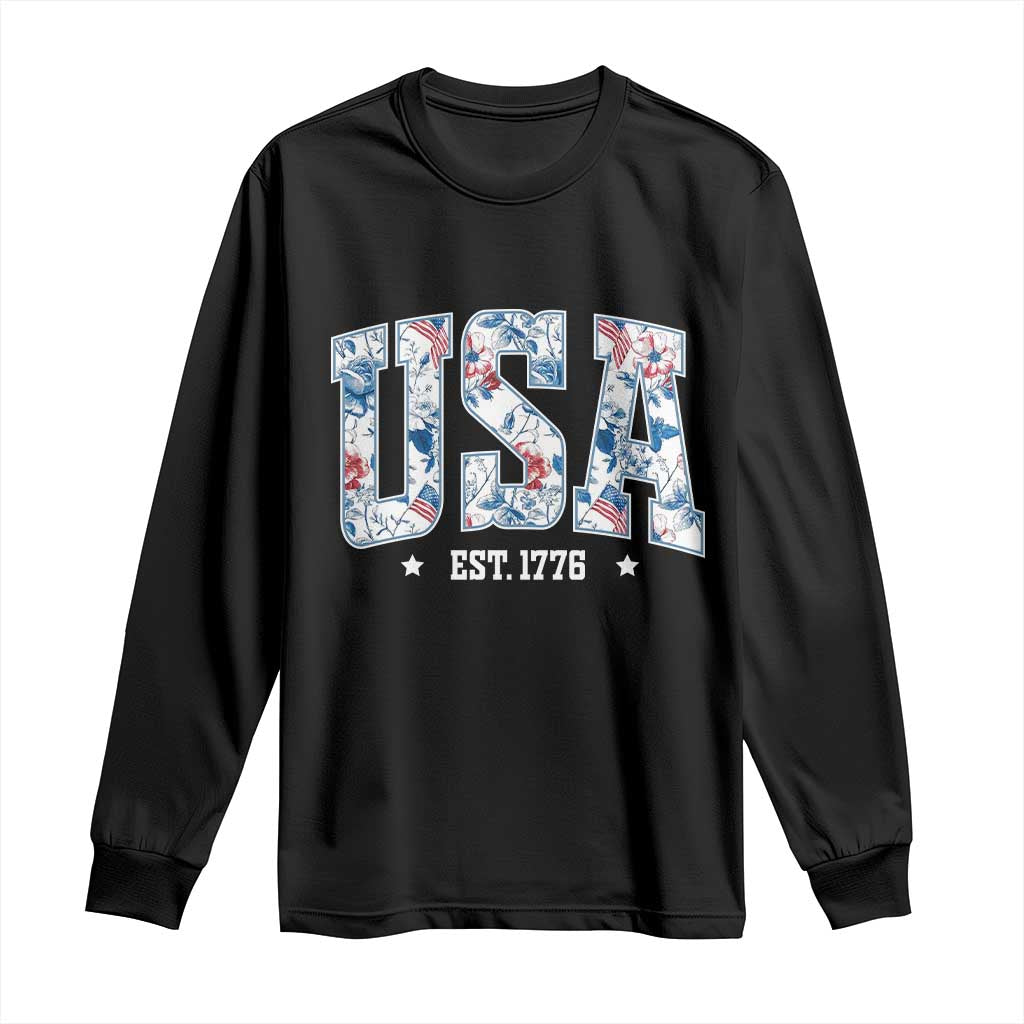 Floral USA Long Sleeve Shirt Est 1776 Patriotic American Girl 4th of July TS10 Black Print Your Wear