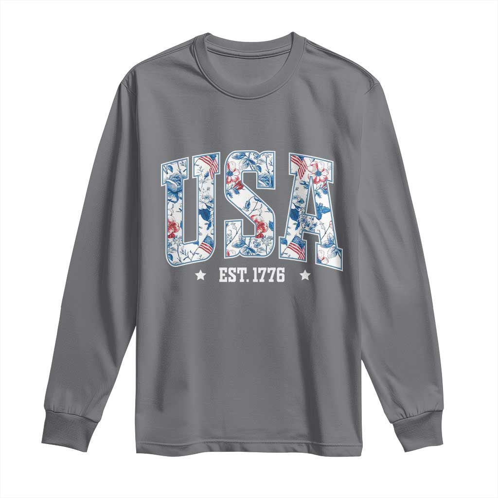 Floral USA Long Sleeve Shirt Est 1776 Patriotic American Girl 4th of July TS10 Charcoal Print Your Wear