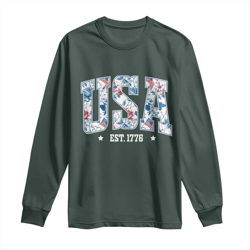Floral USA Long Sleeve Shirt Est 1776 Patriotic American Girl 4th of July TS10 Dark Forest Green Print Your Wear