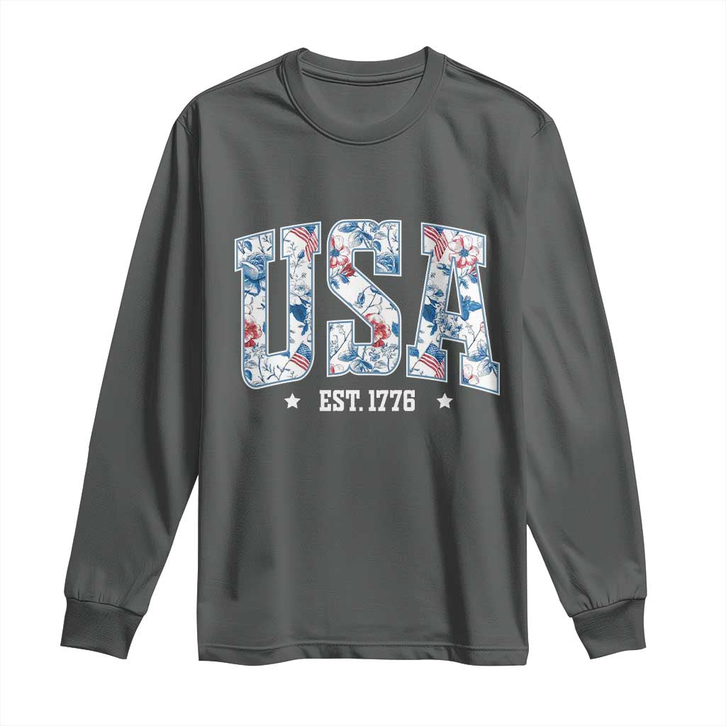 Floral USA Long Sleeve Shirt Est 1776 Patriotic American Girl 4th of July TS10 Dark Heather Print Your Wear