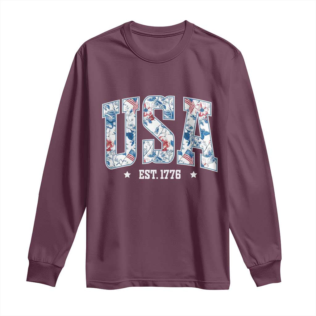 Floral USA Long Sleeve Shirt Est 1776 Patriotic American Girl 4th of July TS10 Maroon Print Your Wear
