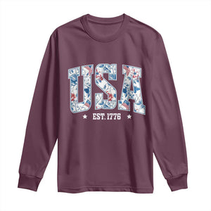 Floral USA Long Sleeve Shirt Est 1776 Patriotic American Girl 4th of July TS10 Maroon Print Your Wear
