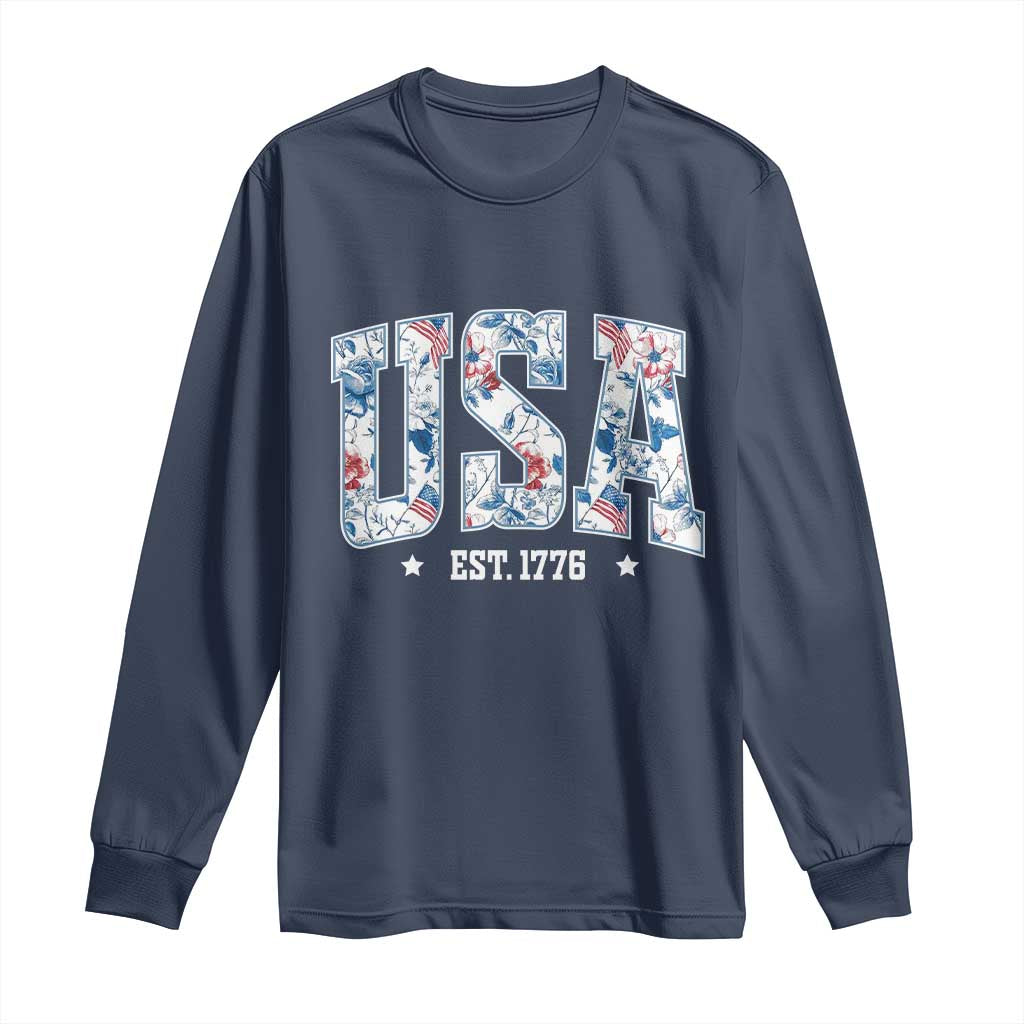 Floral USA Long Sleeve Shirt Est 1776 Patriotic American Girl 4th of July TS10 Navy Print Your Wear